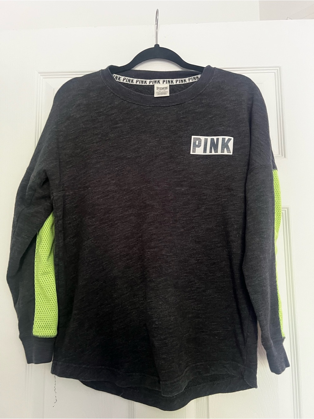PINK Victoria's Secret Girls' Black Sweatshirt with Neon Green Sleeve Panels